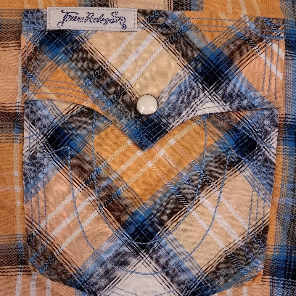 True Religion Men's Western Peal Snap Shirt Orange Blue Plaid XXL Cotton S/S
